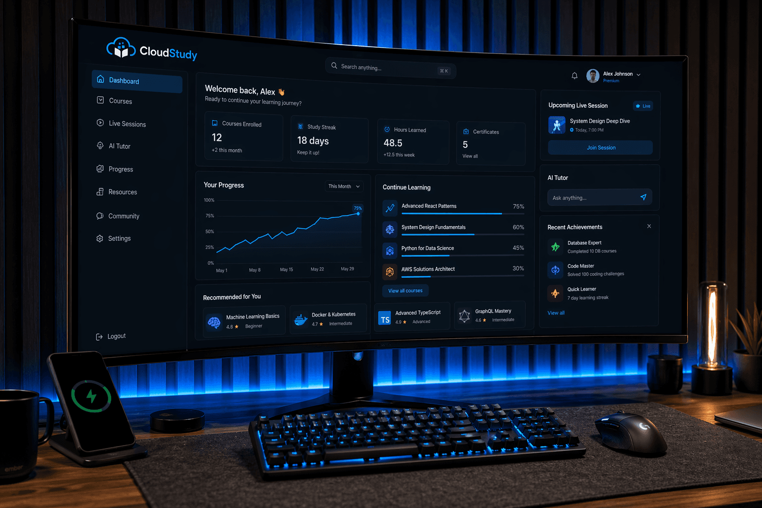 Painel da CloudStudy exibido em monitor widescreen.